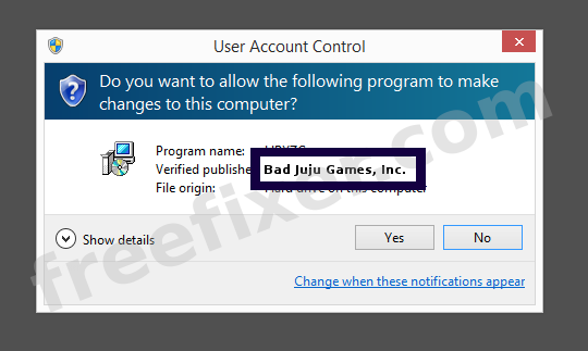 Screenshot where Bad Juju Games, Inc. appears as the verified publisher in the UAC dialog